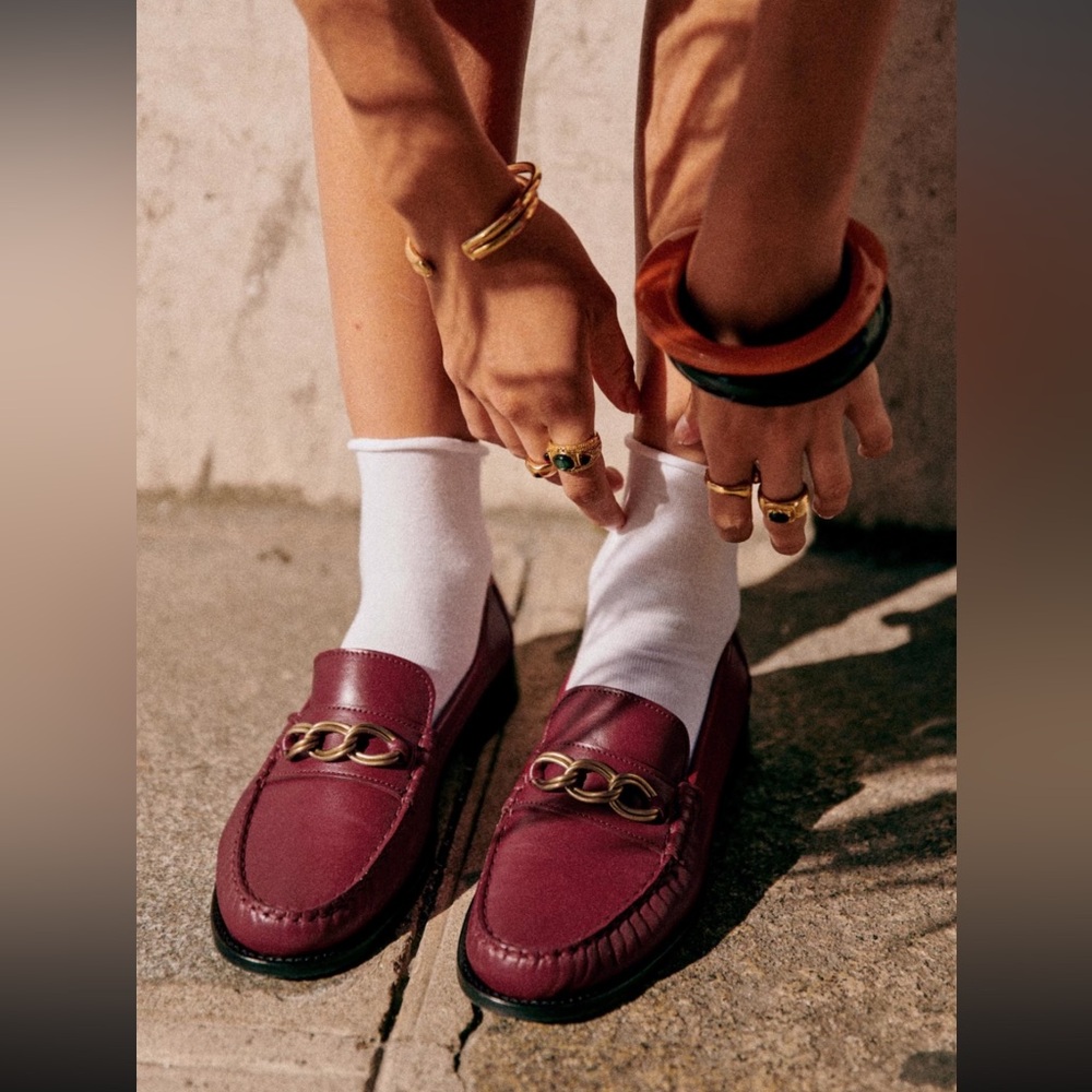 Sezane Burgundy Leather Chain-Trim Loafers